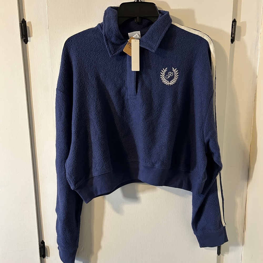 NWT: Victoria's Secret PINK Crop Reverse Fleece Pullover, Navy